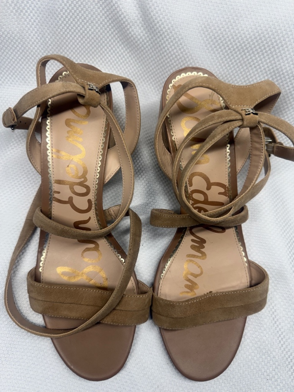 Sam Edelman Tan Suede Wrap Lace Heeled Sandals with Ankle Ties